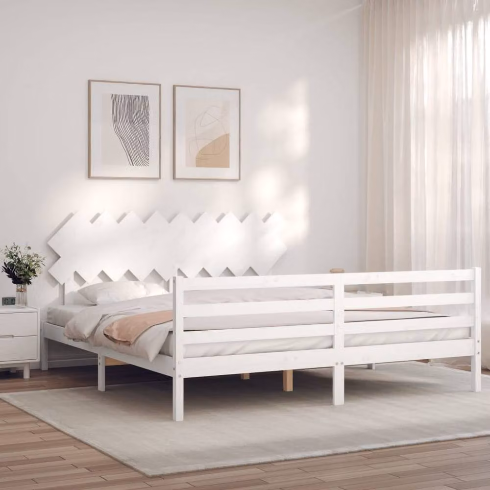 Berkfield Home Super King Size Solid Pine Wood Bed Frame with Headboard in White – 2