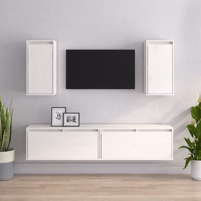 Berkfield Home Set of 4 White Solid Pine Wall Mounted Living Room Cabinets with Hinged Doors and Internal Shelves
