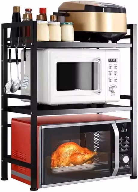 SPETLEK 3 Tier Expandable Microwave Rack Stand in Black with Adjustable Shelves