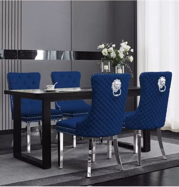 Groundlevel Set of 2 Navy Blue Plush Velvet Dining Chairs with Lion Head Knocker