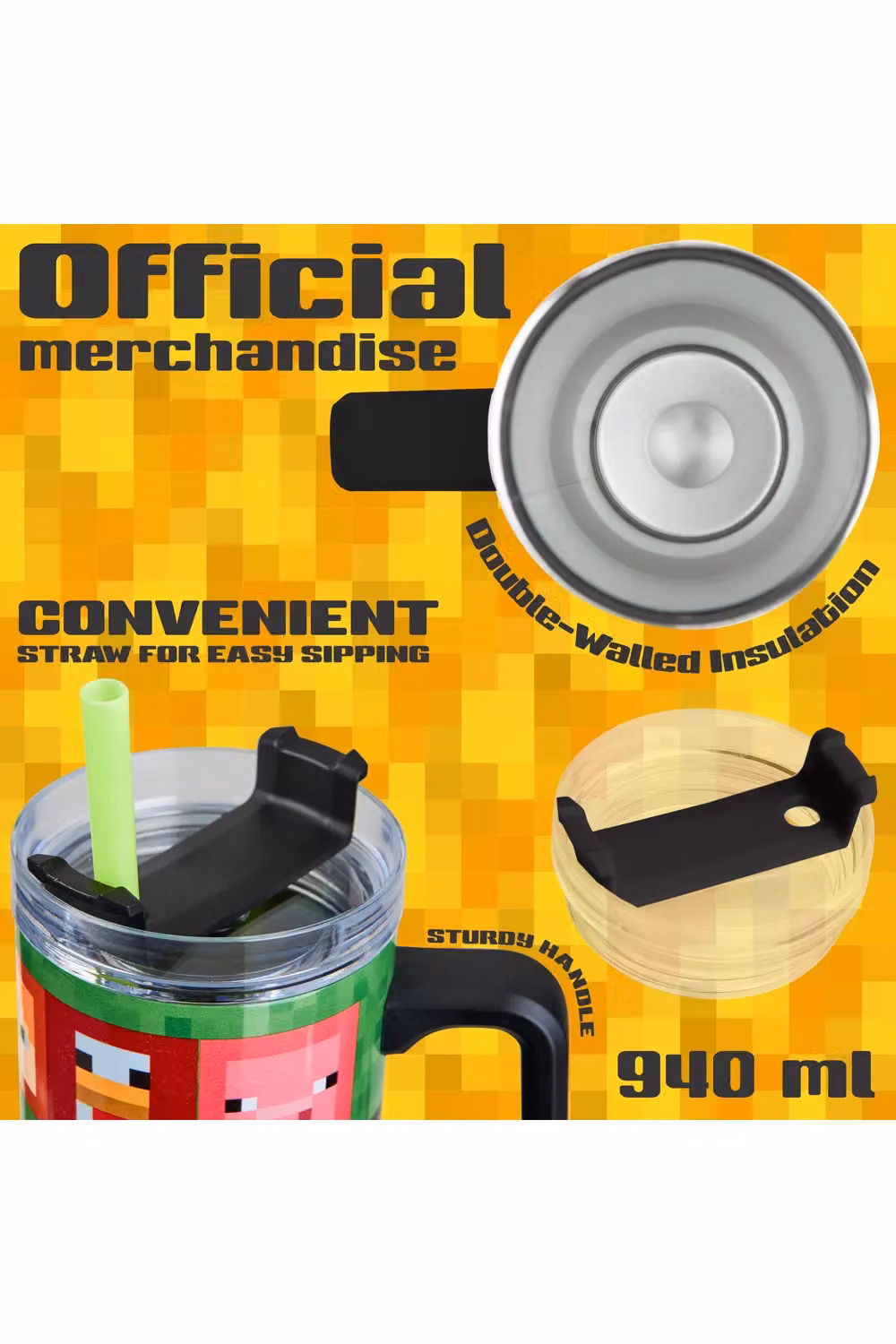 Minecraft Insulated Travel Mug with Straw and Handle, 940ml, Multicolour – 10