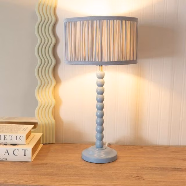 ValueLights Bobbin Stem Table Lamp in Blue with Ruched Pleated Fabric Shade