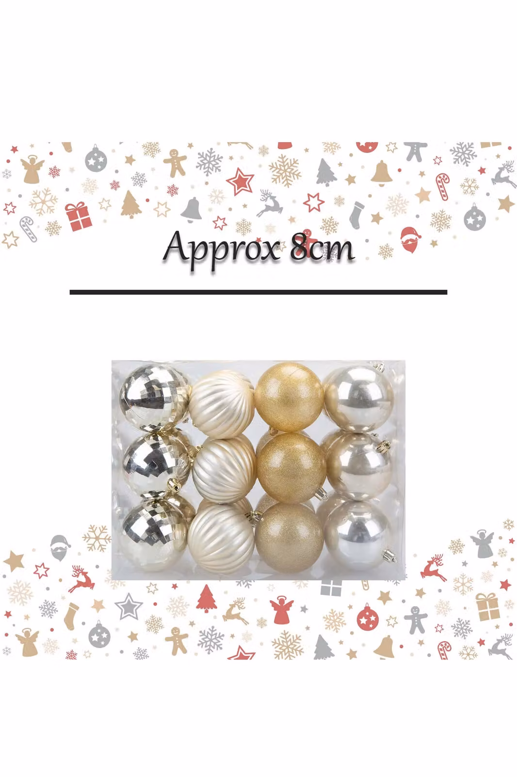 VFM e-Store Set of 24 Round Champagne and Gold Christmas Bauble Hanging Tree Ornaments, 8 cm – 2
