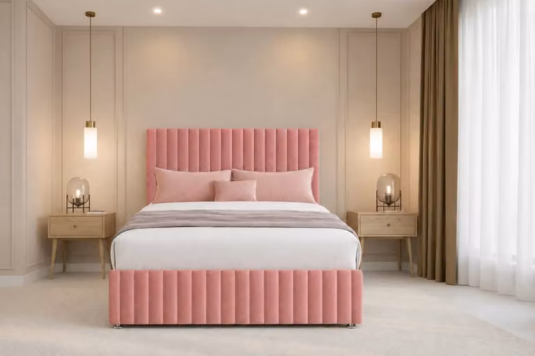 Chester & Oakley Ravello Plush Velvet Divan Bed with 2 Drawers, Left Side, 12 inch Footboard and 26 inch Headboard, Pink, W/D/H: 120 x 200 cm, Small Double