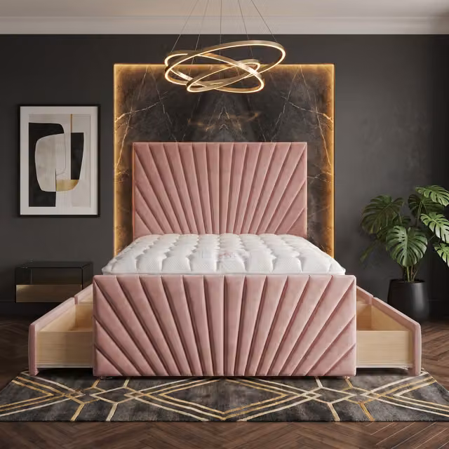 Somnior Beds Ltd Sunrise Pink Velvet Divan Bed with Mattress and Drawers W/D/H: 180 x 200 x 115 cm