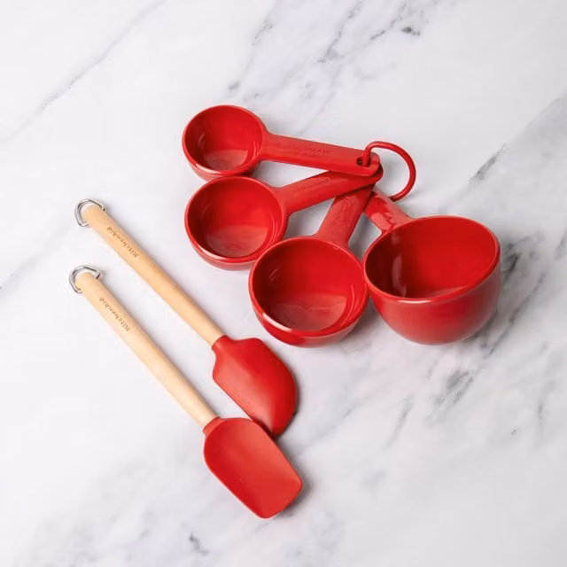 KitchenAid 6-Piece Kitchen Set with 2 Spatulas and 4 Nesting Measuring Cups in Black and Red