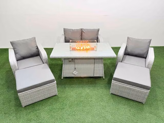 Fimous 6 Seater Light Grey PE Wicker Rattan Garden Furniture Set with Sofa, Reclining Chairs, Firepit, Dining Table and 2 Stools