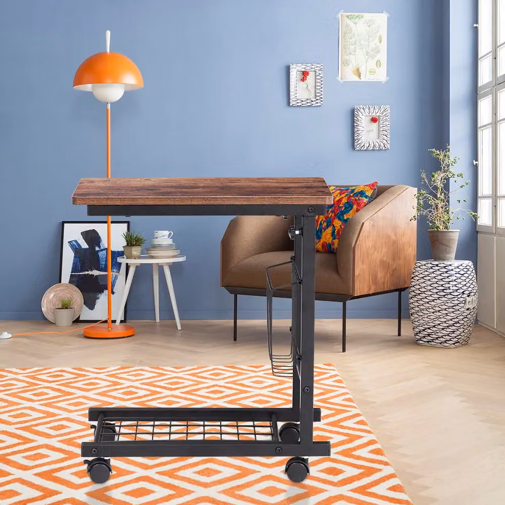 Living and Home Height Adjustable Mobile Overbed Desk with Wheels in Brown – 3