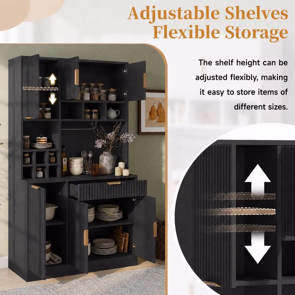 ModernLuxe Tall Sideboard Cabinet in Black with Doors, Drawer, Wine Rack and USB, H 175 x W 40 x D 40 cm – 3