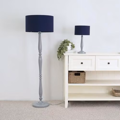 ValueLights Traditional Grey Wood Candlestick Floor Lamp with Navy Blue Fabric Drum Shade and LED Bulb, H 155 cm x W 45 cm x D 45 cm – 2