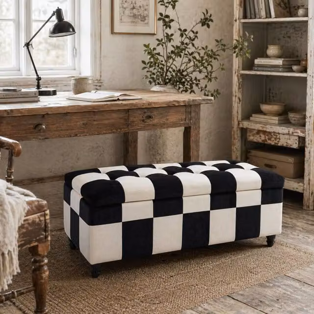 Wyld Haus Tava Velvet Storage Bench in Black and White with Wooden Legs
