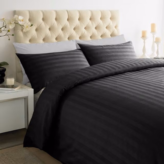 Roseley Black Striped Mako Satin Cotton Duvet Cover and Pillowcase Set, 250TC, W: 200 cm x D: 200 cm