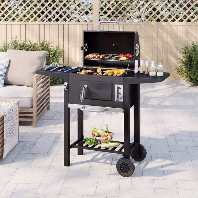 Komore Black Steel Charcoal BBQ Grill with Thermometer and Wheels