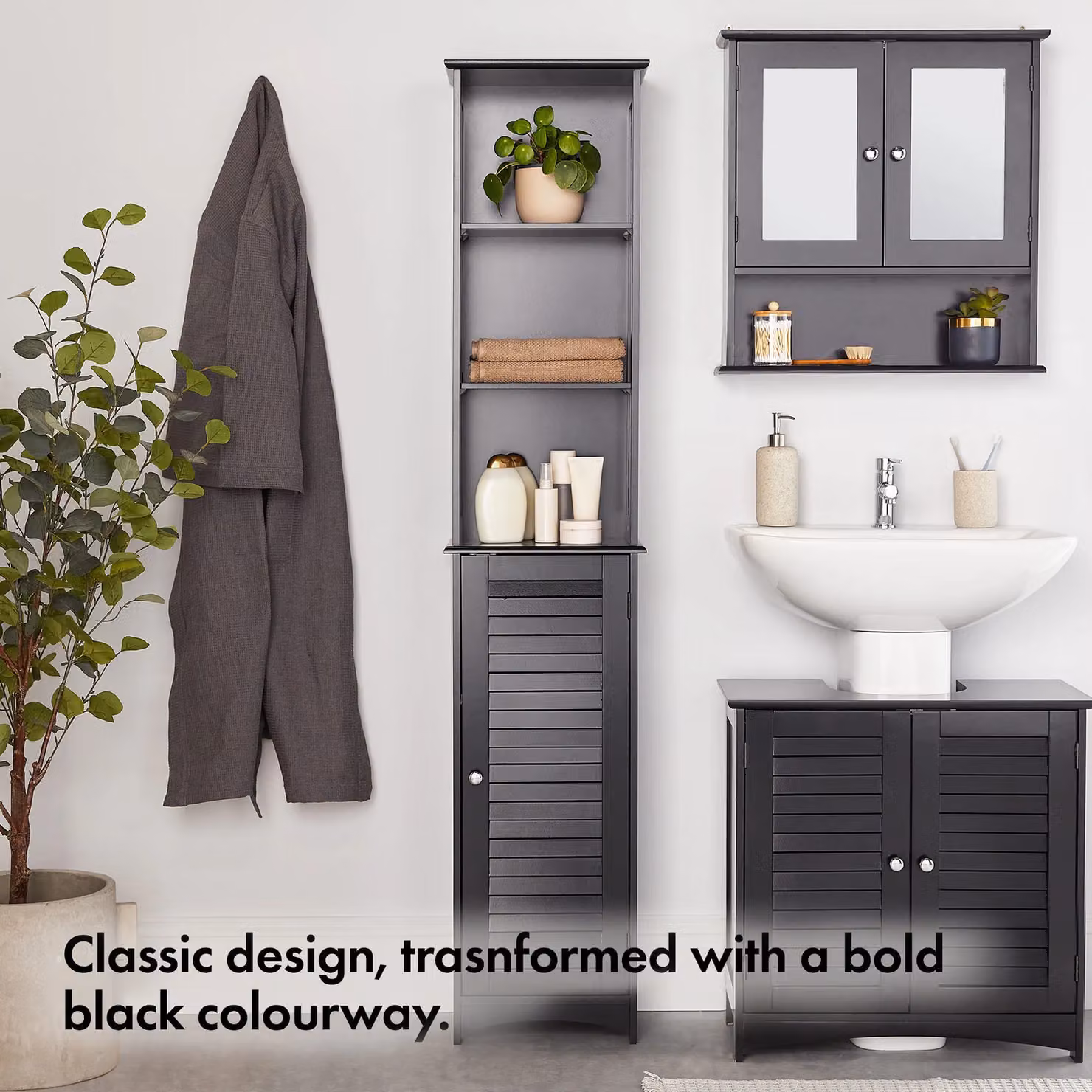 VonHaus Freestanding Tall Bathroom Cabinet in Black with Internal Shelves, H 165 x W 34 x D 23 cm – 2