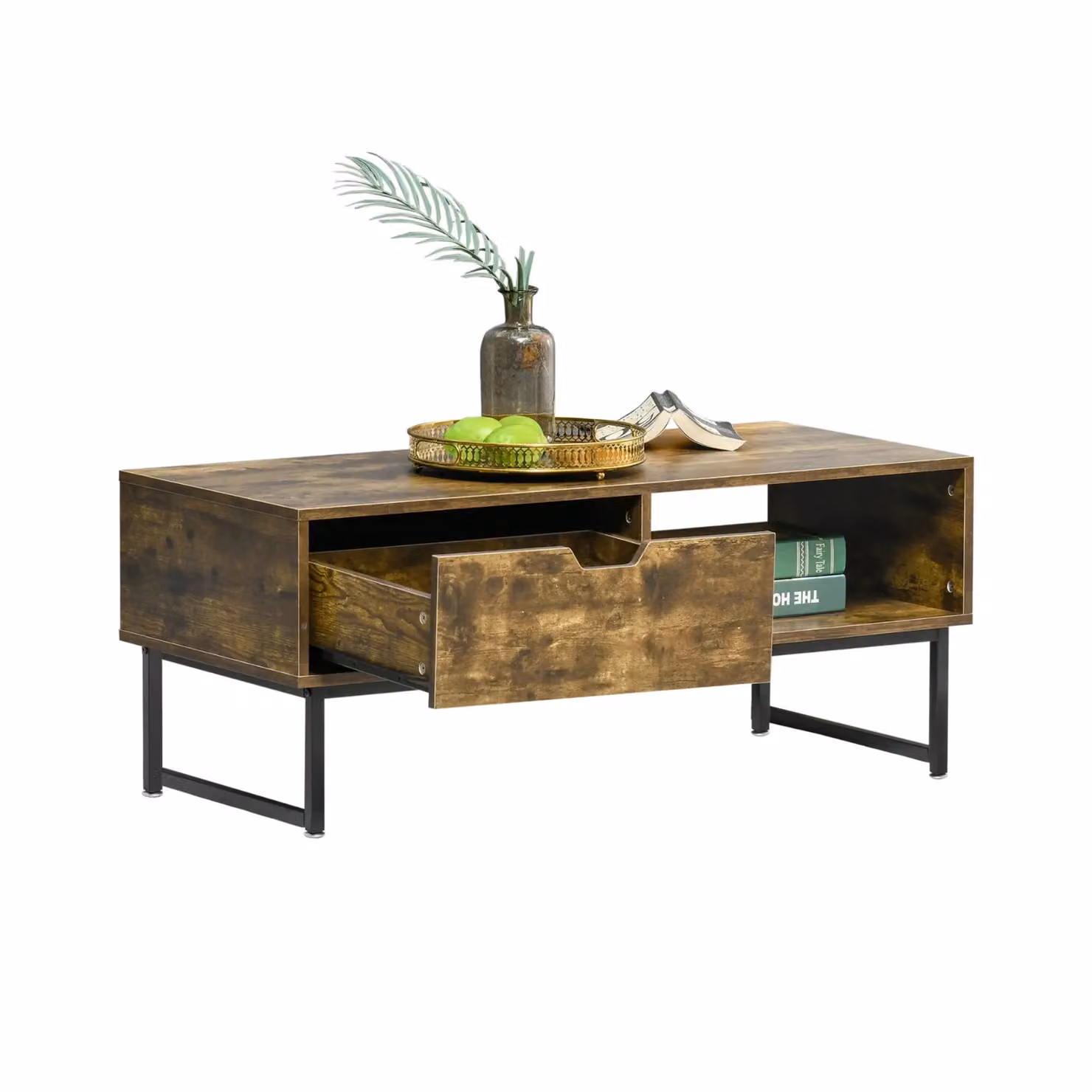 Rafaelo Mobilia Industrial Rustic Coffee Table with Drawer and Storage in Brown and Black, W: 106 cm, D: 48 cm, H: 43 cm – 3