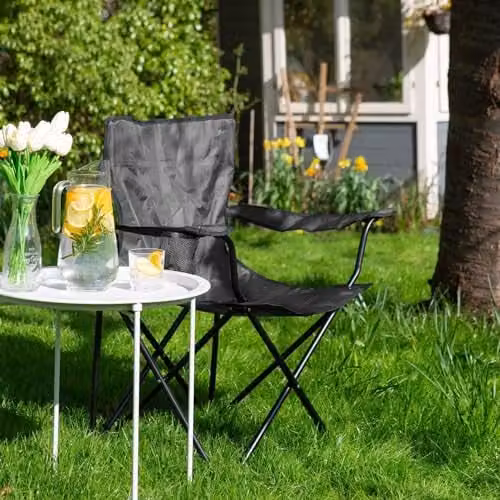 Harbour Housewares Folding Canvas Camping Chairs with Armrests - Matt Black - Pack of 4