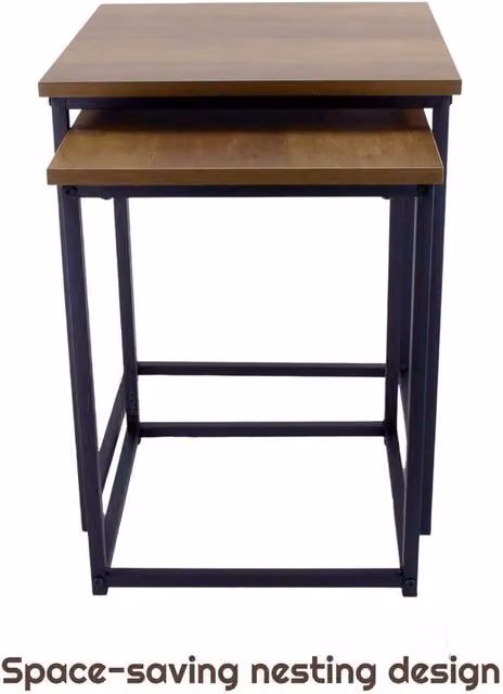 FORGEVIO Square Nest of 2 Industrial Tables with Brown MDF Wood Tops and Metal Frame