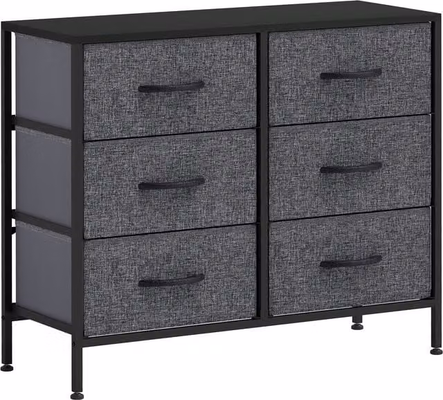 HOMCOM Industrial Fabric Chest of Drawers with 6 Drawers, Steel Frame and Wooden Top, Black/Grey, W/D/H: 62.5 x 80.0 x 1.0 cm