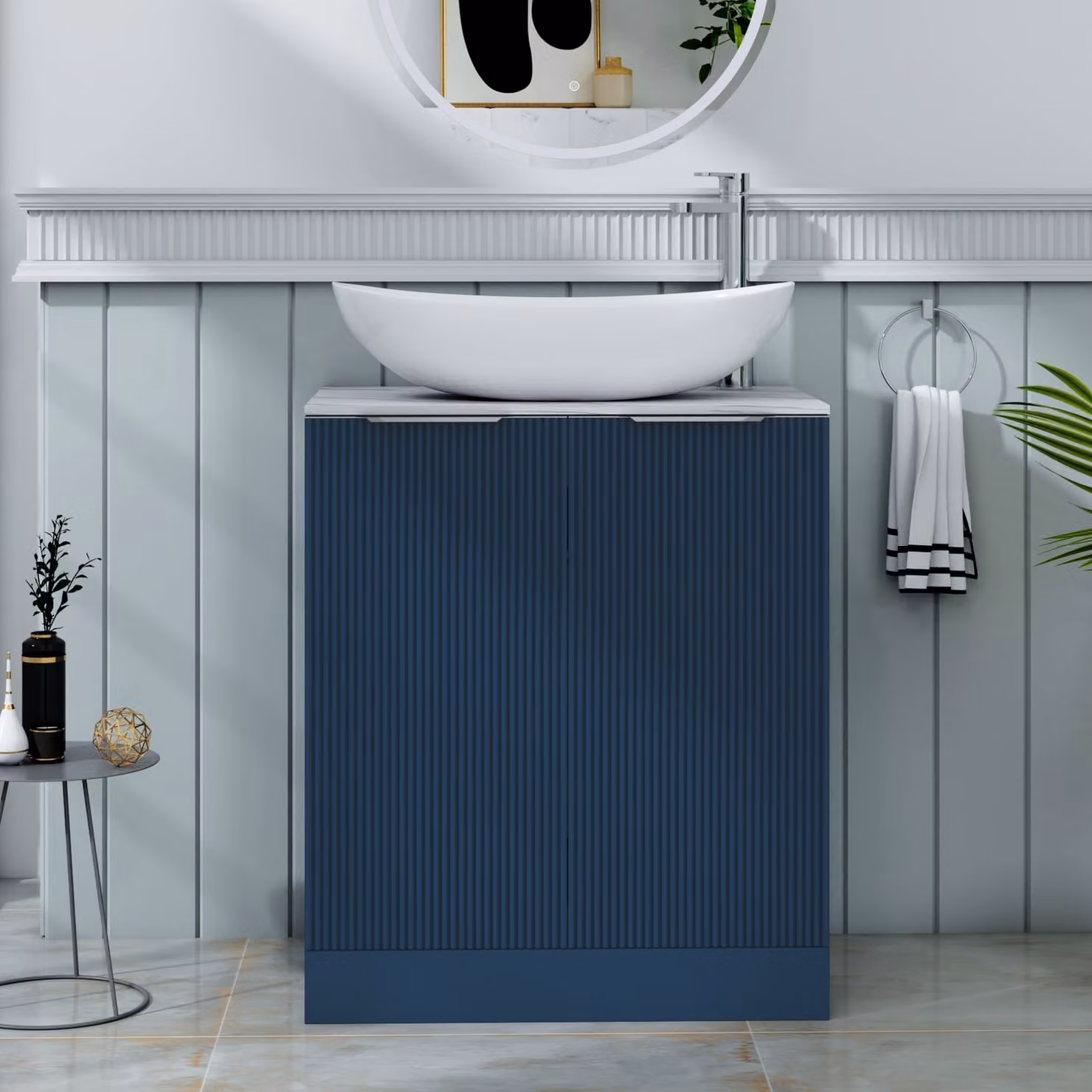 Royal Bathrooms Evora Midnight Blue Fluted Floor Standing 2 Door Vanity Unit with Cesar Basin and Internal Shelves