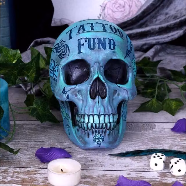 Nemesis Now Tribal Tattoo Fund Skull Tabletop Ornament, Aqua Blue, Height: 16 cm