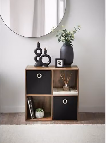 Spot On Dealz 4-Cube Wooden Storage Organizer Shelf with 2 Black Fabric Bins, Walnut Finish, W/D/H: 60 x 28 x 60 cm – 2