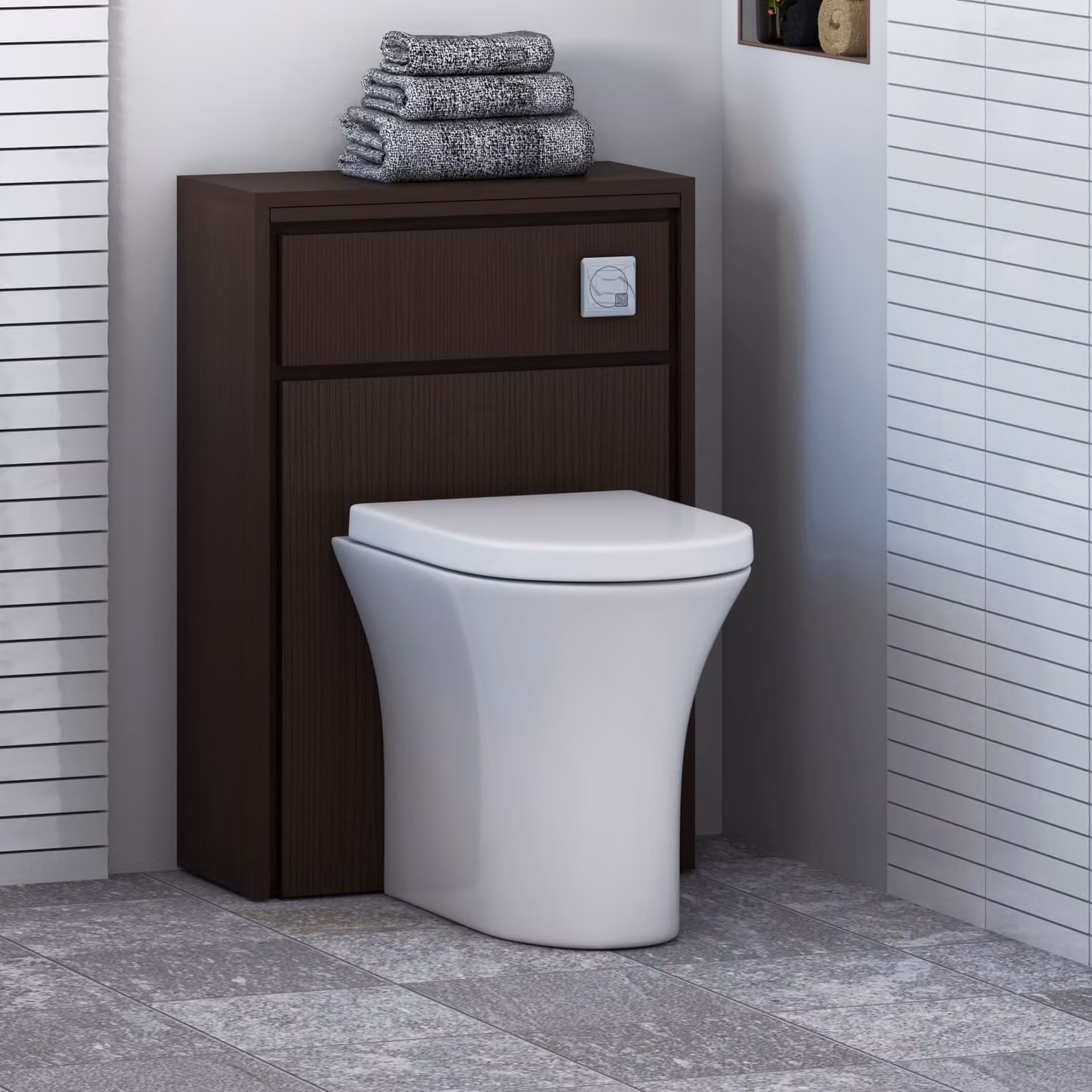 Livora BTW Wall Mounted WC Unit in Walnut Woodgrain with Breeze Rimless Ceramic Toilet Pan, Soft Close Seat and Cistern, White and Brown