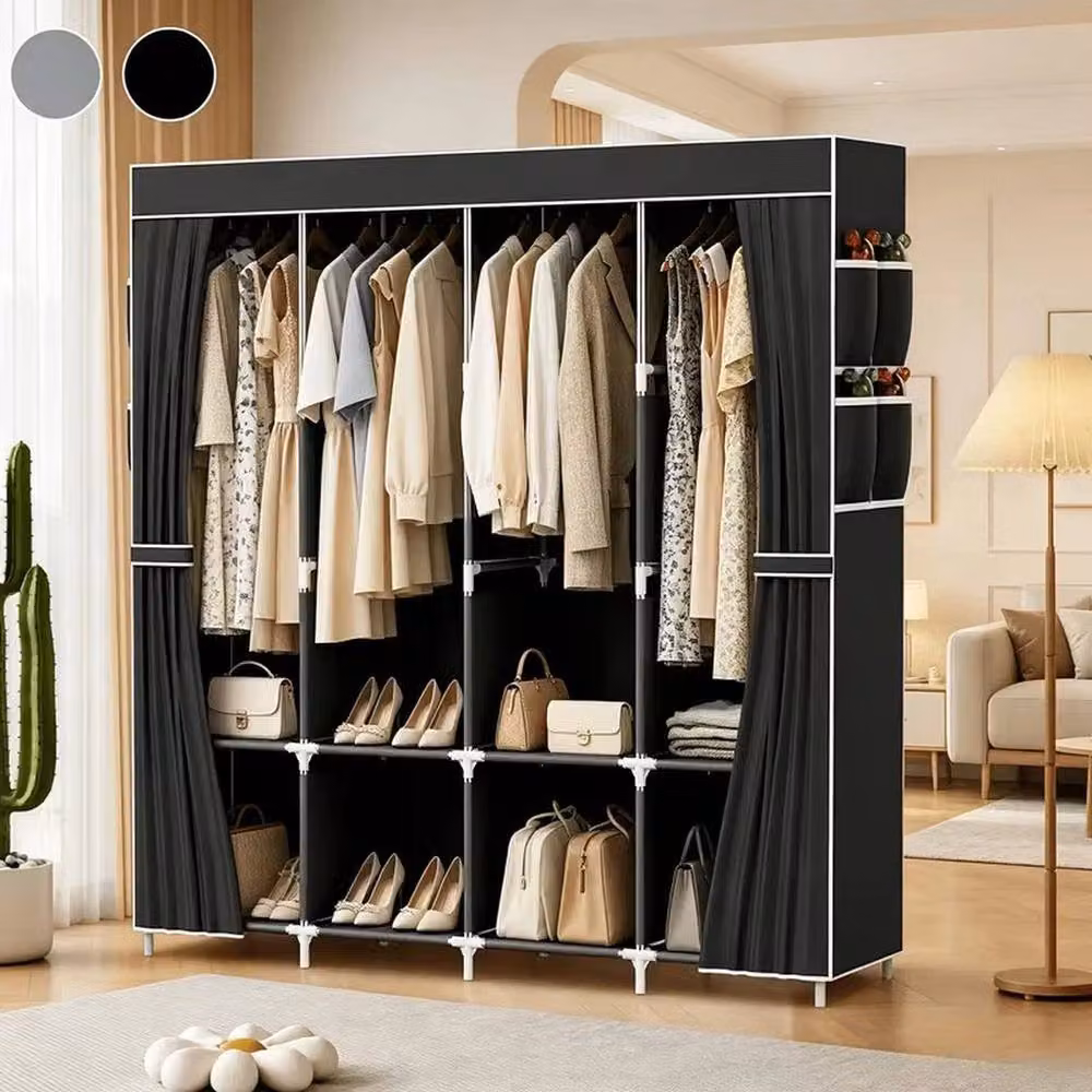 PAWNORA Black Canvas Wardrobe with Hanging Rail and Internal Shelves – 3