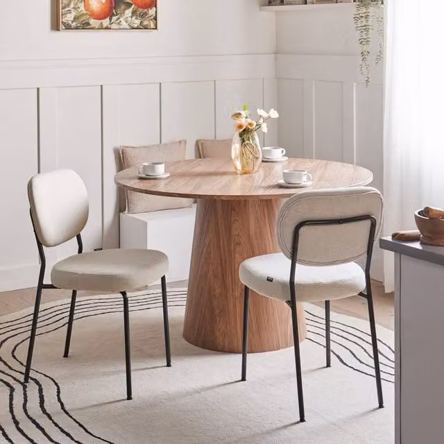 Wyld and Coco Set of 2 Mid-Century Armless Dining Chairs in Beige Fabric with Black Metal Legs