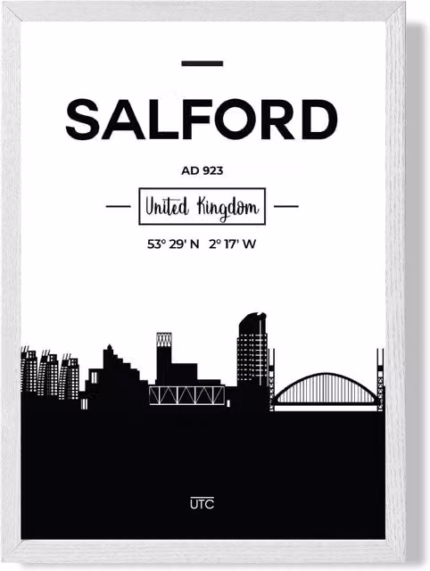 ARTZE Salford Black and White City Skyline Framed Print in White Frame, A4