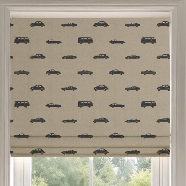 ANTE DECOR Made To Measure Roman Blind with Vintage Cars Print in Charcoal Cotton Linen