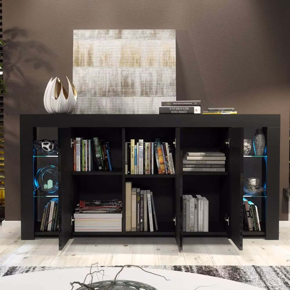 FORGEVIO Modern Black Gloss TV Unit Sideboard with Integrated Lighting – 3