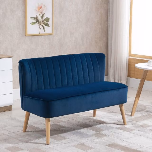 HOMCOM Blue Velvet Upholstered Double Love Seat Sofa with Solid Wood Frame