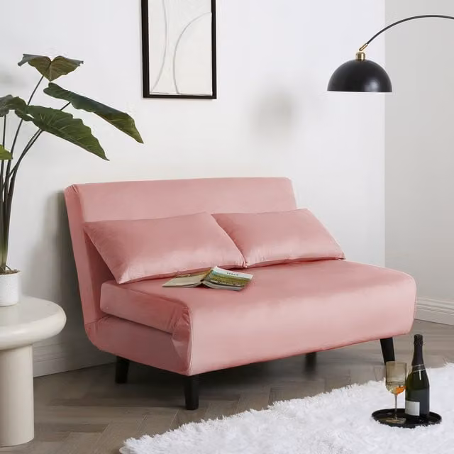 Home Garden Direct Aurora Small Double Sofa Bed in Pink Velvet with Pull Out Frame and Scatter Cushions, 120 x 200 cm