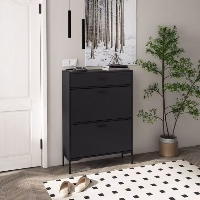 HOMCOM Modern Black Shoe Cabinet with 2 Tilting Compartments and Drawer