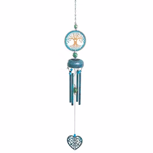mysmartbuy Blue & Gold Tree of Life Windchime - Metal & Glass Hanging Garden Decoration - H73 x W9 x D10 cm – 1