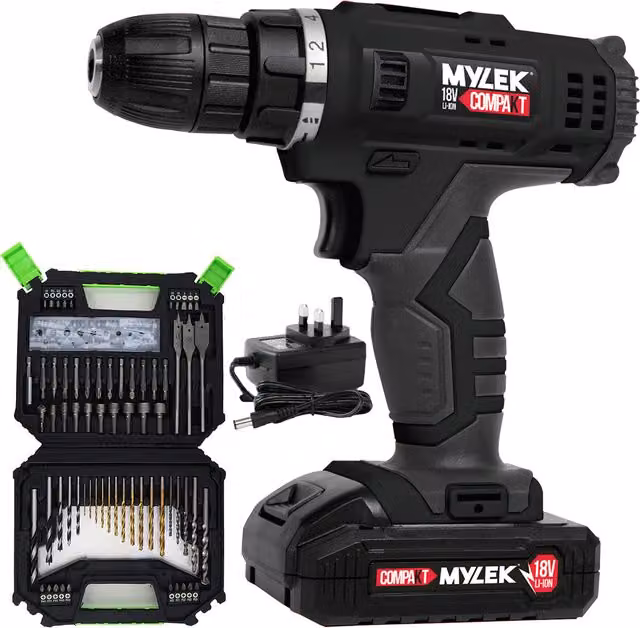 MYLEK 18V Li-ion Cordless Combi Drill and Screwdriver Accessory Kit, Black, 128 Pieces