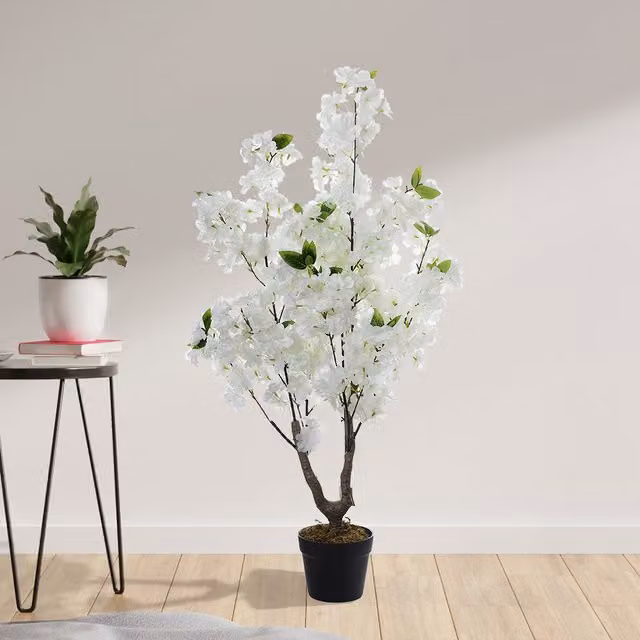 Livingandhome Artificial White Cherry Flowering Tabletop Tree in Pot