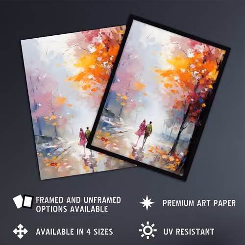 Artery8 Lovers Autumn Walk Oil Painting Poster Print in Orange, Pink and Blue, W/H: 46 x 61 cm – 2