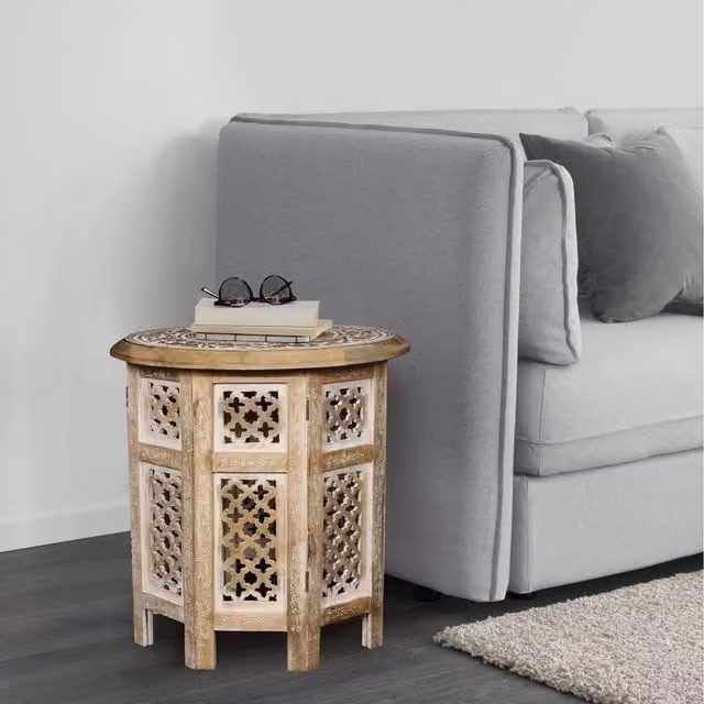 Topfurnishing Round Carved Wooden Coffee, Bedside or End Table in Brown and Yellow, W/D/H: 45 x 45 x 45 cm