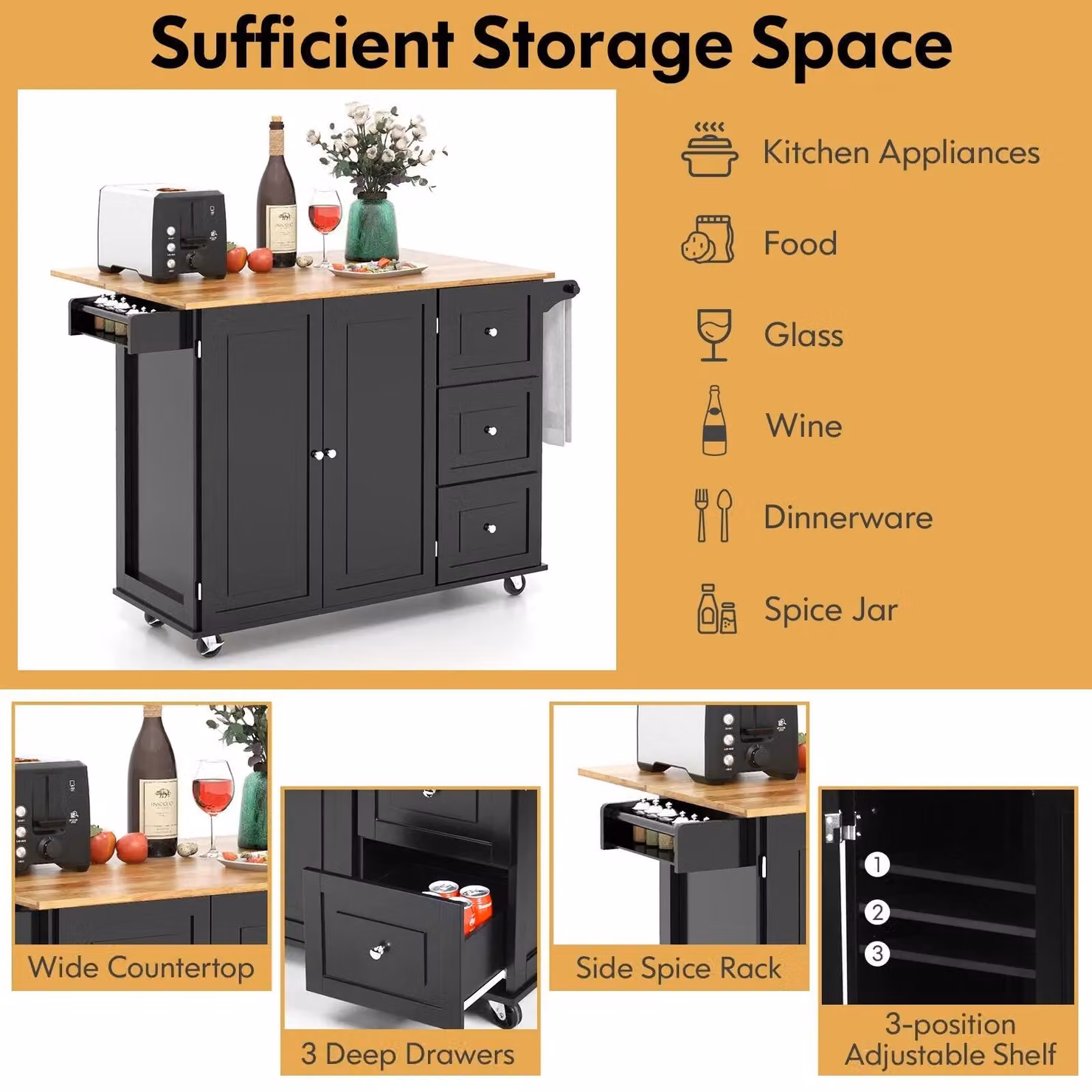 Costway Kitchen Storage Trolley Cart with 3 Drawers and Shelves in Black Matt Wood – 7
