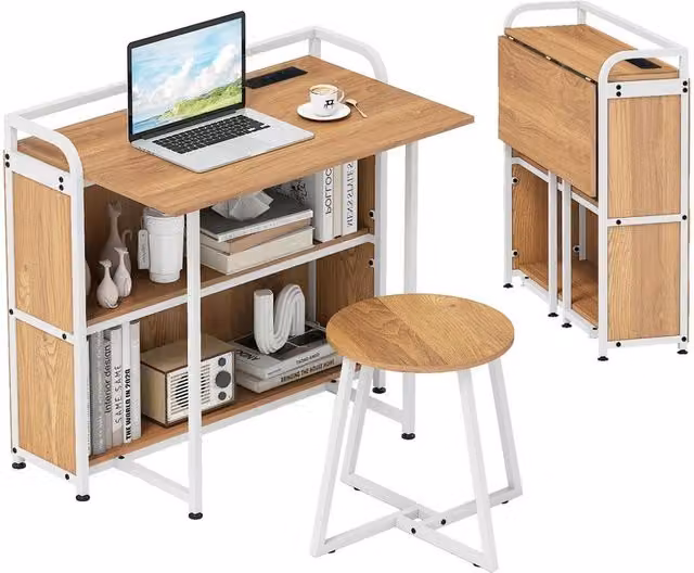 VOGREX Computer Desk and Stool Set with Storage Shelves in Brown Rustic Wood and Metal, W: 90 cm – 1