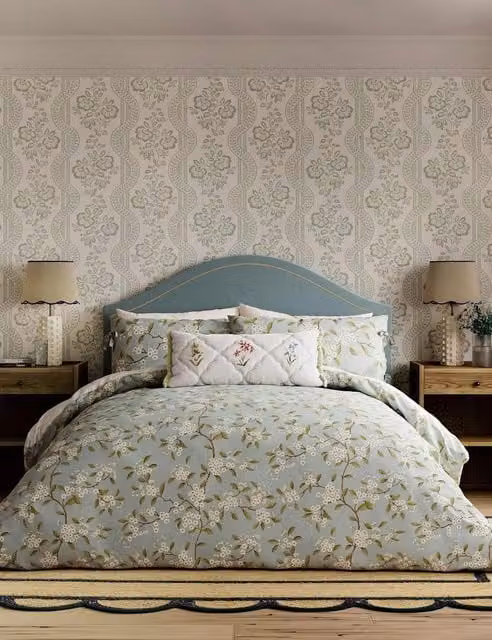Sanderson Damson Blossom Floral Cotton Bedding Set, Light Blue, W: 140 cm, L: 200 cm