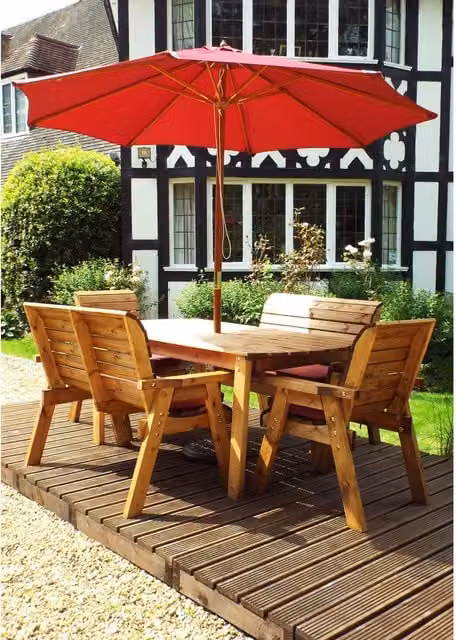 Charles Taylor Six Seater Burgundy Wooden Rectangular Garden Table Set with Bench and Chairs
