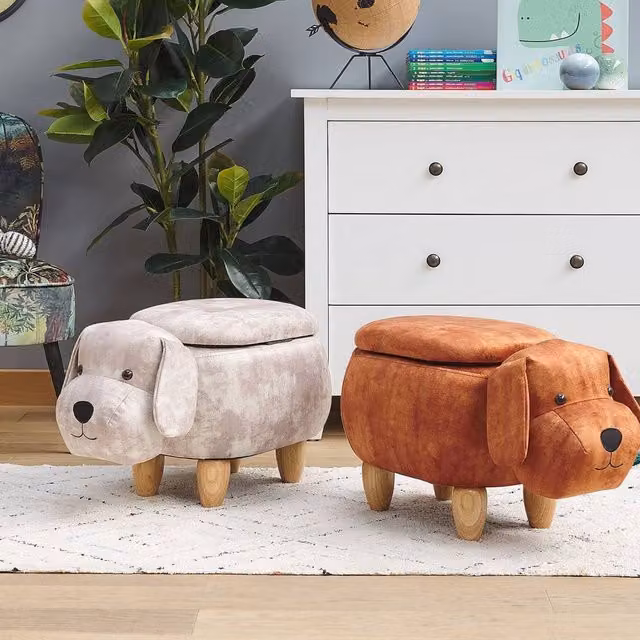 Wyld and Coco Beige Velvet Kids Animal Stool with Rubberwood Legs and Storage – 1