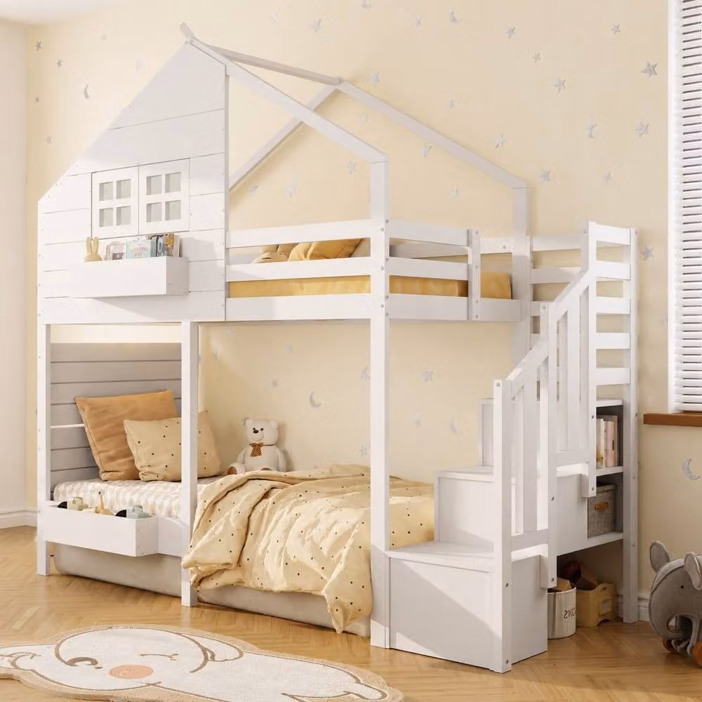 Merax White Wood Childrens House Bunk Bed with Storage Stairs and Side Compartments, Single Size, W/D/H: 190 x 90 x 120 cm – 1