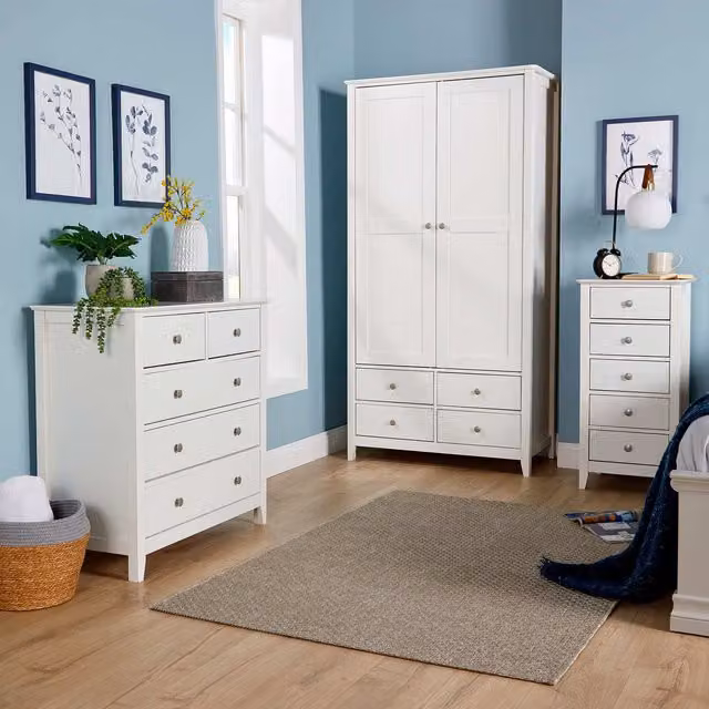 Home Source Bronte White Chest of 5 Drawers with Silver Handles