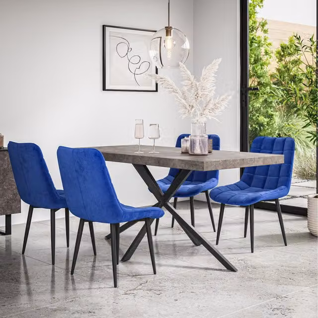 More4Homes Donni Dining Table and 4 Blue Nova Velvet Chairs with Concrete Effect Rectangular Table