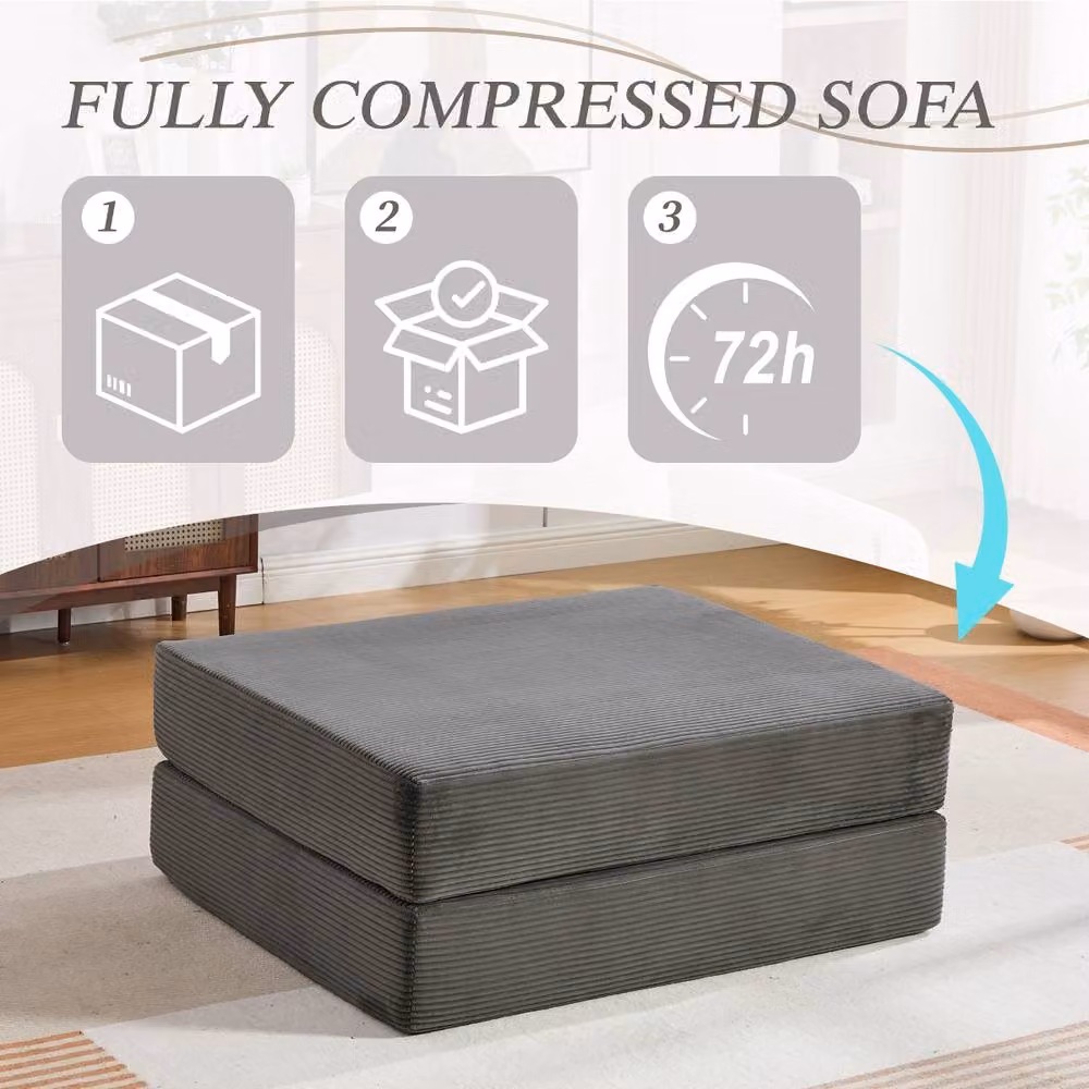 Rolipo Dark Grey Corduroy Fold Out Single Chair Bed with Ottoman – 4