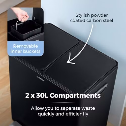 Tower 60L Black Stainless Steel Pedal Recycling Bin with Removable Inner Buckets and Fingerprint Proof Coating – 8