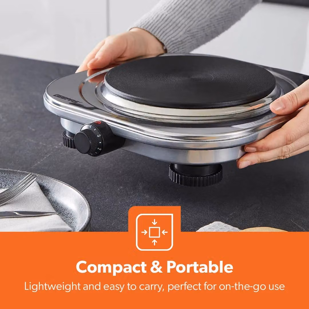 Geepas 1500W Single Hot Plate Electric Cooker with Cast Iron Radiant Hob in Metallic Silver – 5